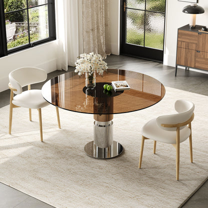 Round Dining Table & Tempered Glass Top - Brown