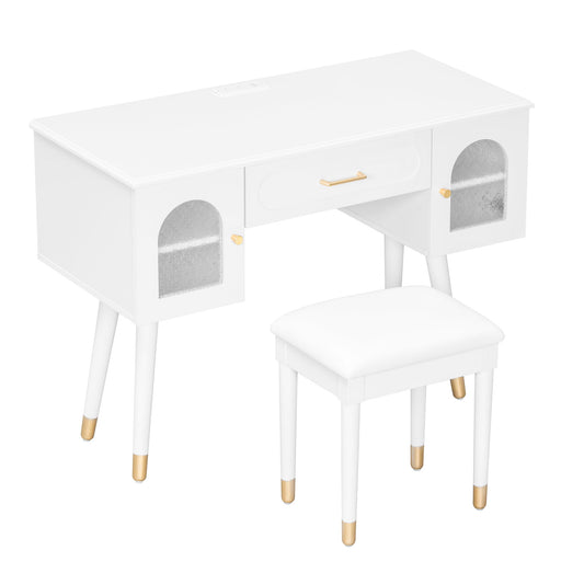 Elegant Vanity Makeup Table & Chair Set Modern Dressing Table With Organizer Writing Desk Charging Port Engineered Wood - White