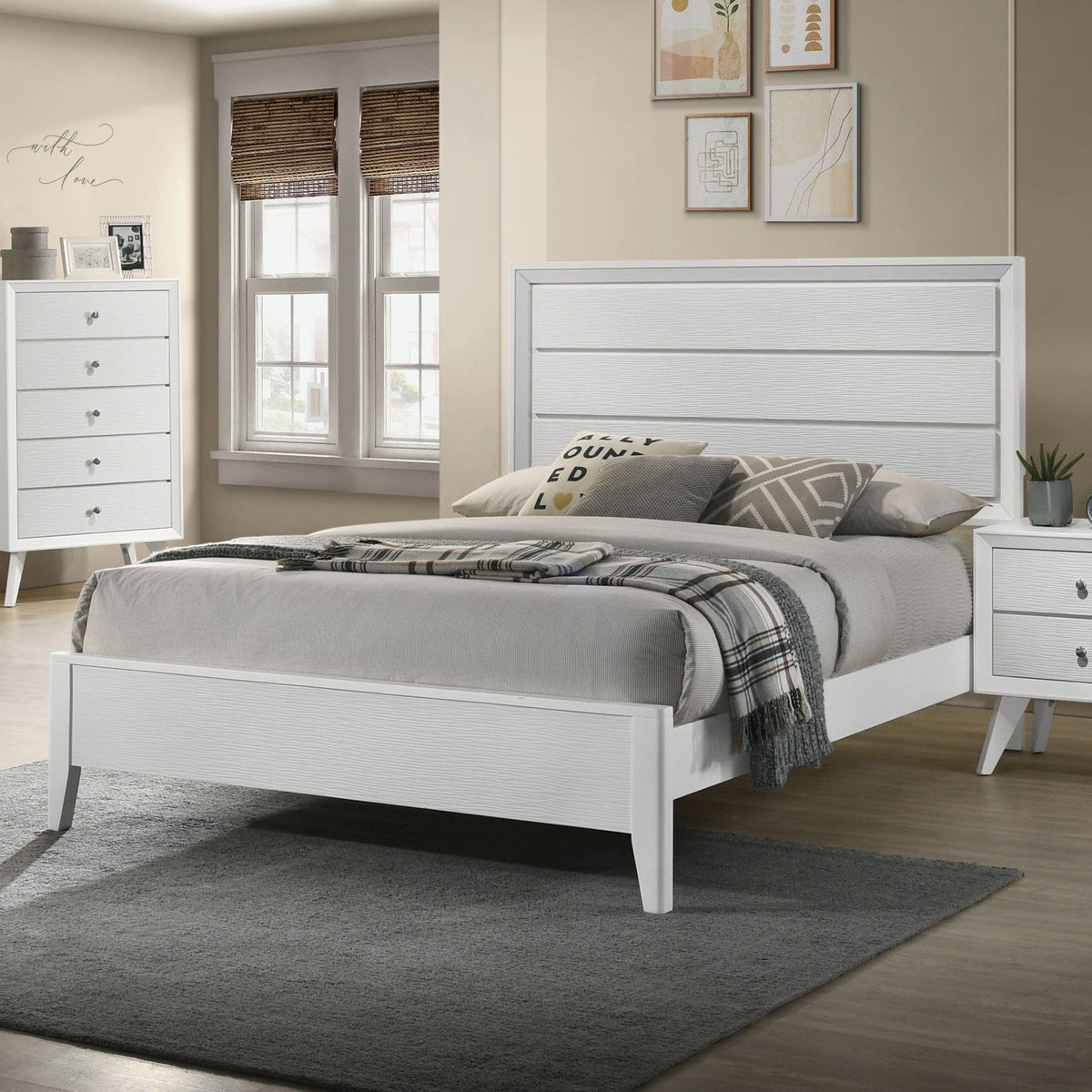 Modern Bed Frame With Wave Texture Headboard And Angled Legs