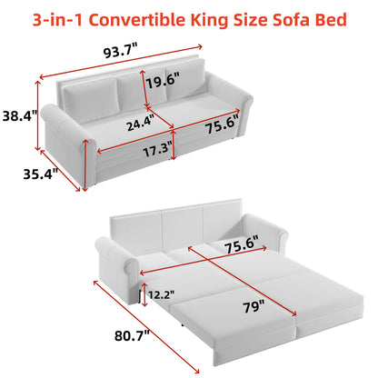 3 In 1 Convertible Sleeper Sofa With Nailhead Trim & Rolled Arm