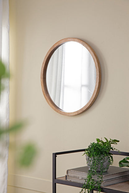 Circle Wall Mirror With Wooden Frame, Wall Mirror For Living Room
