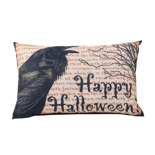 Crow Happy Halloween Pillow - Beige / Black