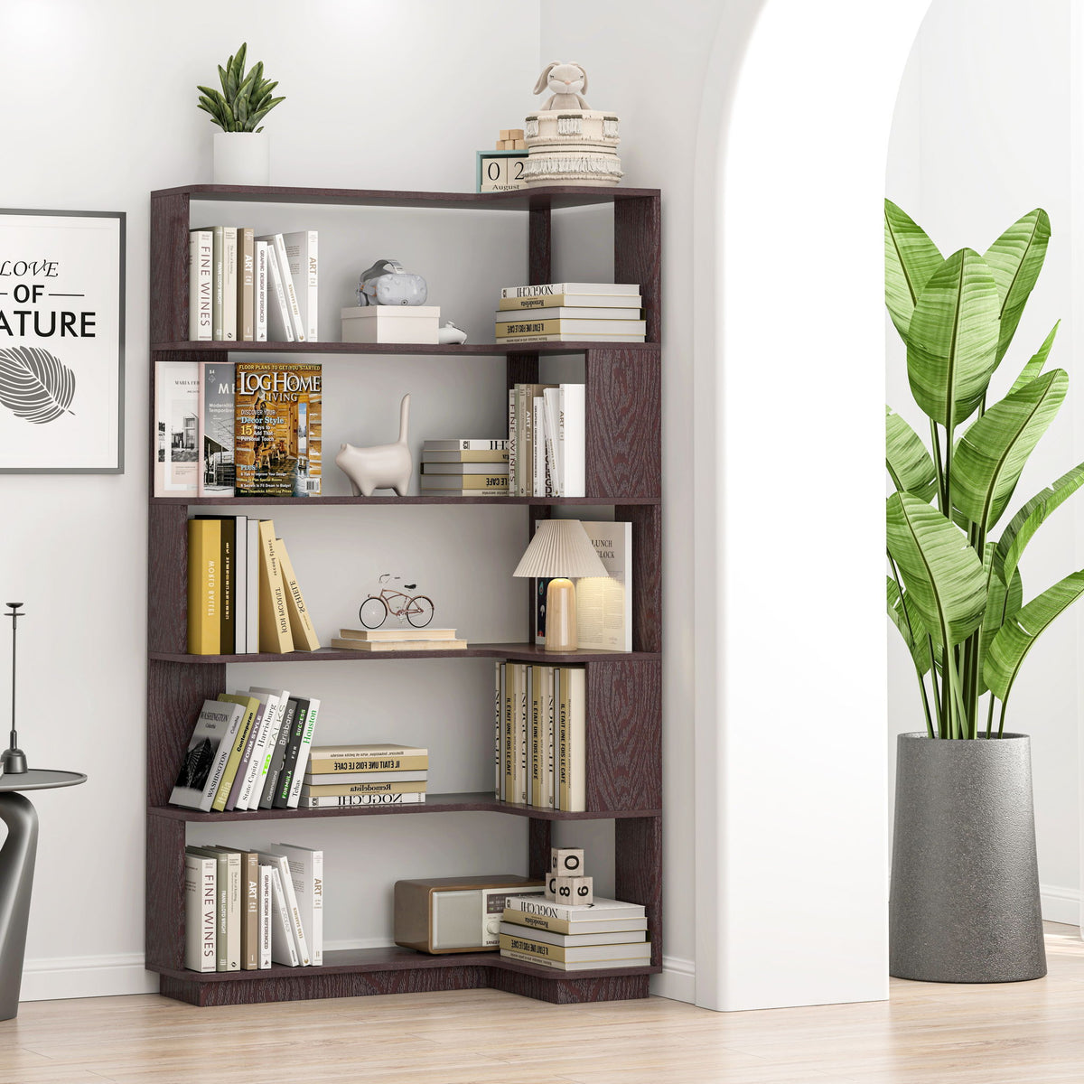 Ox Blood - Red 90Cm L-Shaped Freestanding Corner Bookshelf With Anti Tip Safety, Storage Cabinet For Living Room - Ox Blood Red
