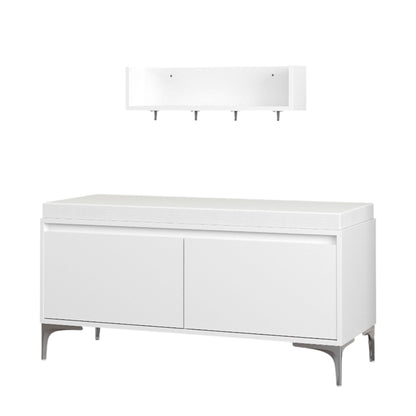 Wall Mounted Entryway Shelf With Hooks And Storage Bench Set - Off White
