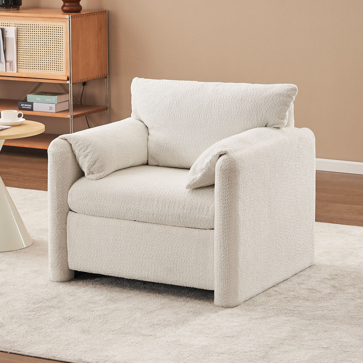 Fixed Modern Accent Chair Single Seater Plush Chenille Lounge Chair With High Resilience Cushion - Ivory White
