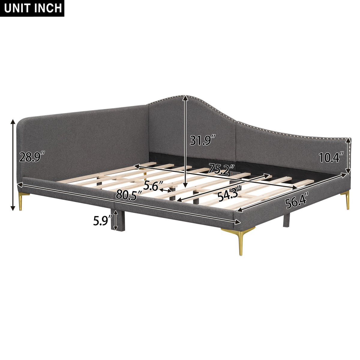 Upholstered Daybed With Headboard And Armrest, Support Legs