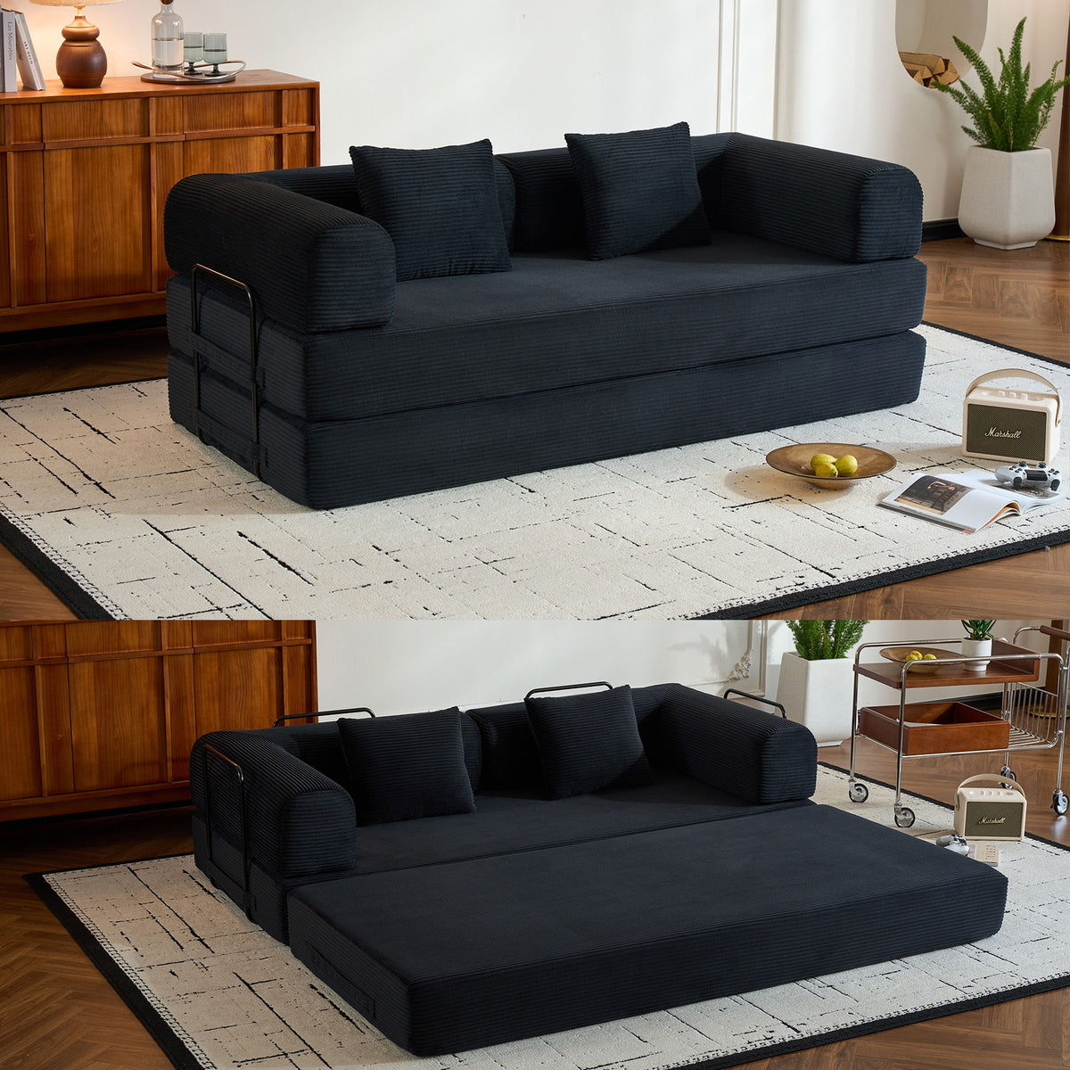 Convertible Sleeper Sofa Bed With Cylindrical Pillow, With Fixed Shape Frame