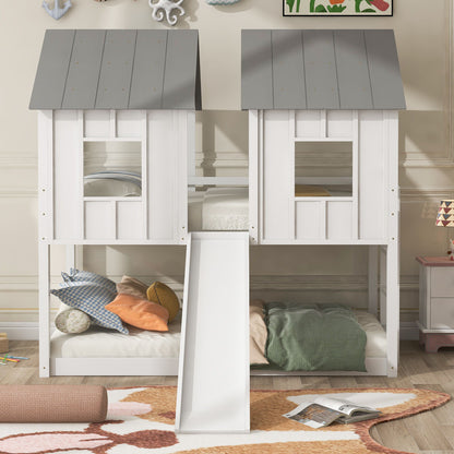 Twin Over Twin House Bunk Bed & Slide And Windows - White