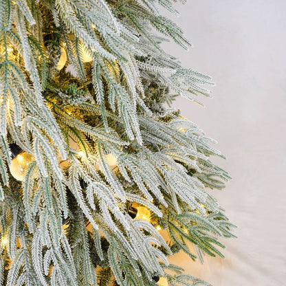 5Ft Pre Lit Spruce Snow Flocked Christmas Tree With LED Lights, Artificial Hinged Xmas Tree - White / Green