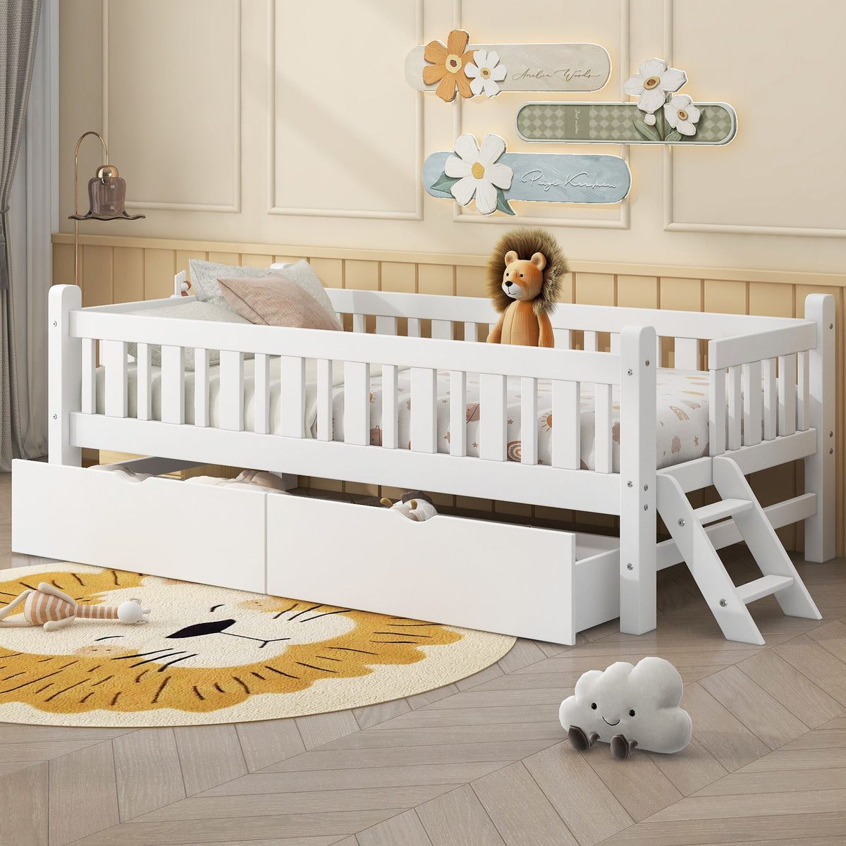 Platform Bed With Guardrail And 2 Drawers