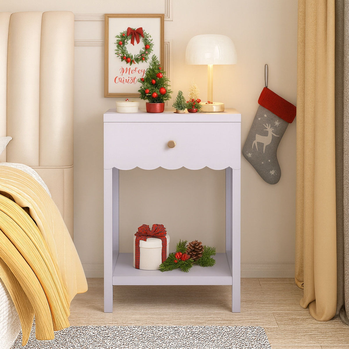 Nightstand With Drawer And Open Shelf, Scalloped Edge Bedside Table