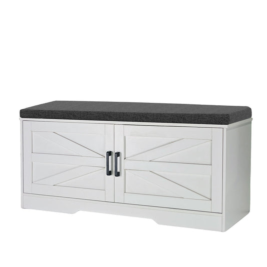 2 Tier Shoe Bench With Padded Seat, 2 Barn Doors And Adjustable Shelves, For Entryway And Living Room - White