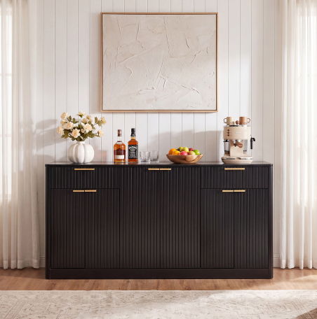Fluted Buffet Sideboard, Wine Bar Storage Cabinet With 6 Doors & 2 Drawers For Dining Room - Black