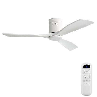 52" Flush Mount Ceiling Fan With Remote, No Light, 3 Blades, 6 Speed DC Motor For Indoor Patio - White