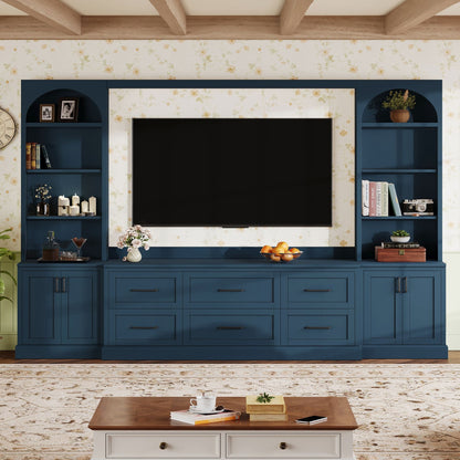 Arched Entertainment Center Wall Unit With 6 Drawers, Large TV Stand With Bookshelves