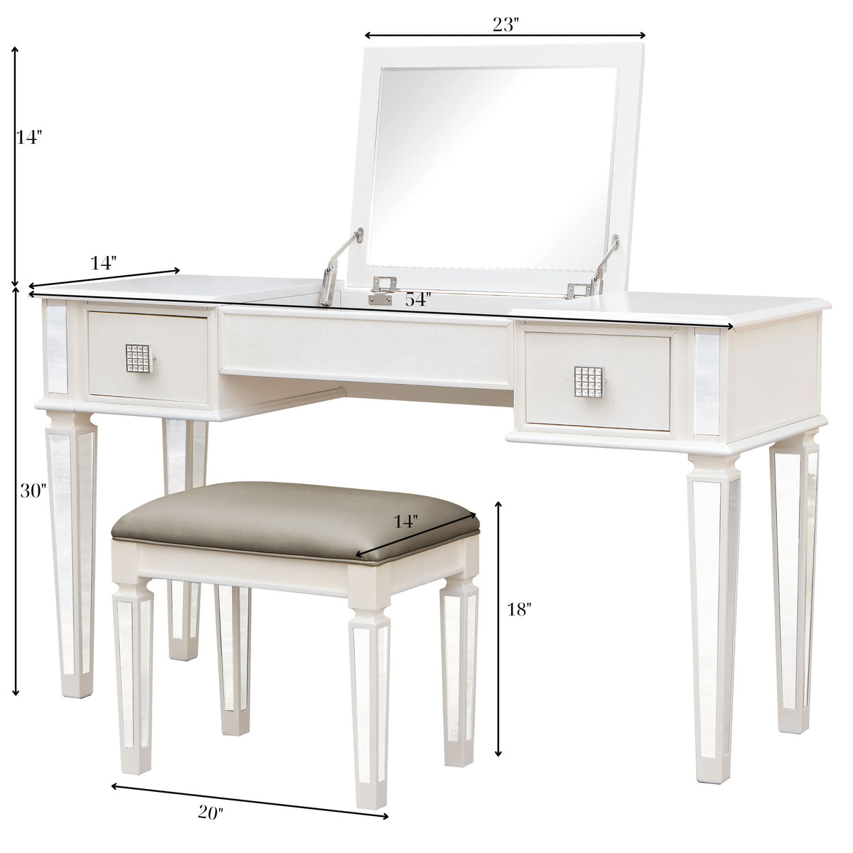 Mirrored Vanity Desk With Drawers And Stool, Flip Up Dressing Table Set For Makeup Room