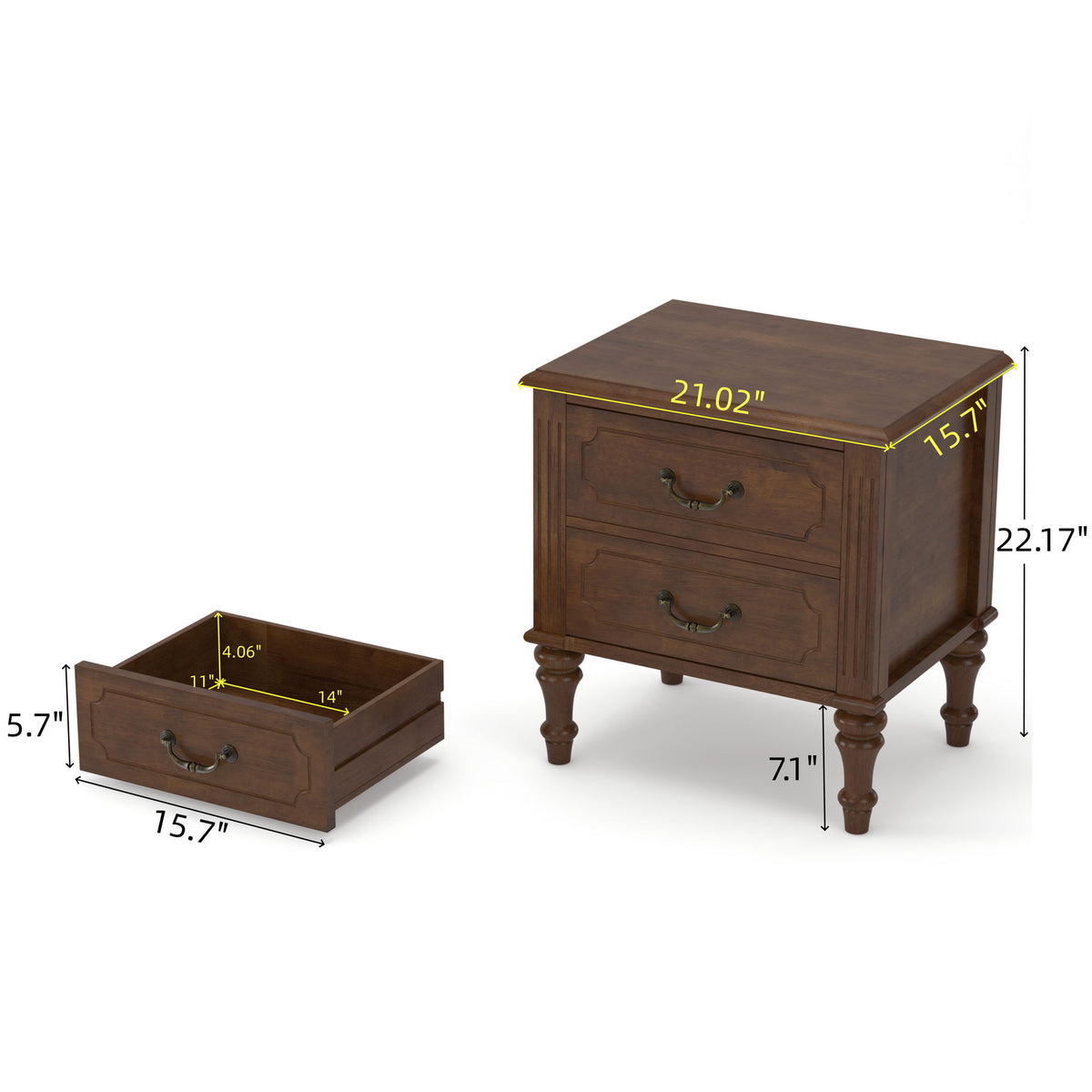Fluted Nightstand With 2 Drawers, Bedside Table - Walnut
