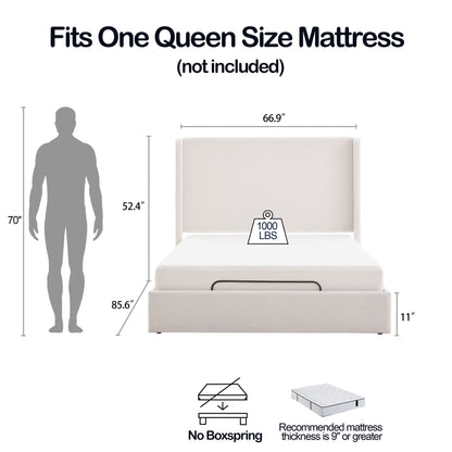 Caron - Queen Size Upholstered Wingback Bed With Adjustable Base Bundle Set - Ivory