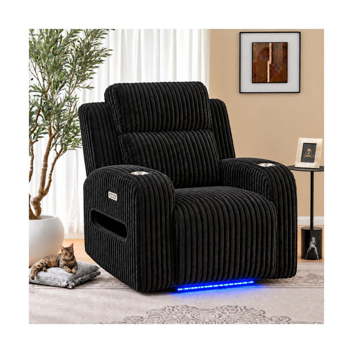Power Recliner With Cup Holders And Ambient LED Lighting - Black