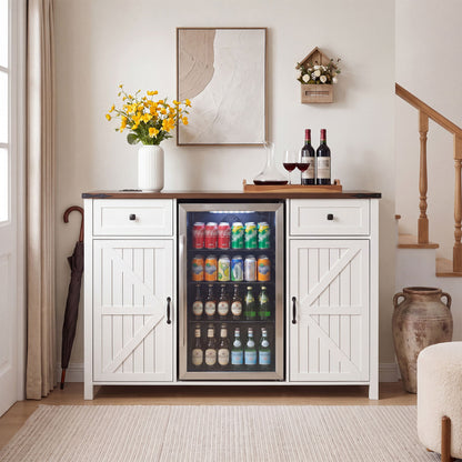 Coffee Bar With Mini Fridge Space & Built In Charging Station, Large Bar Cabinet With Drawers & Adjustable Shelves For Kitchen - White