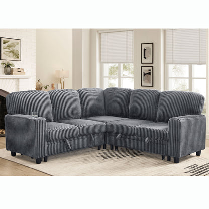 L-Shaped Sectional Sofa Bed With Pull Out Bed & Storage, 5 Seat Sleeper Couch With USB Charging For Living Room - Gray