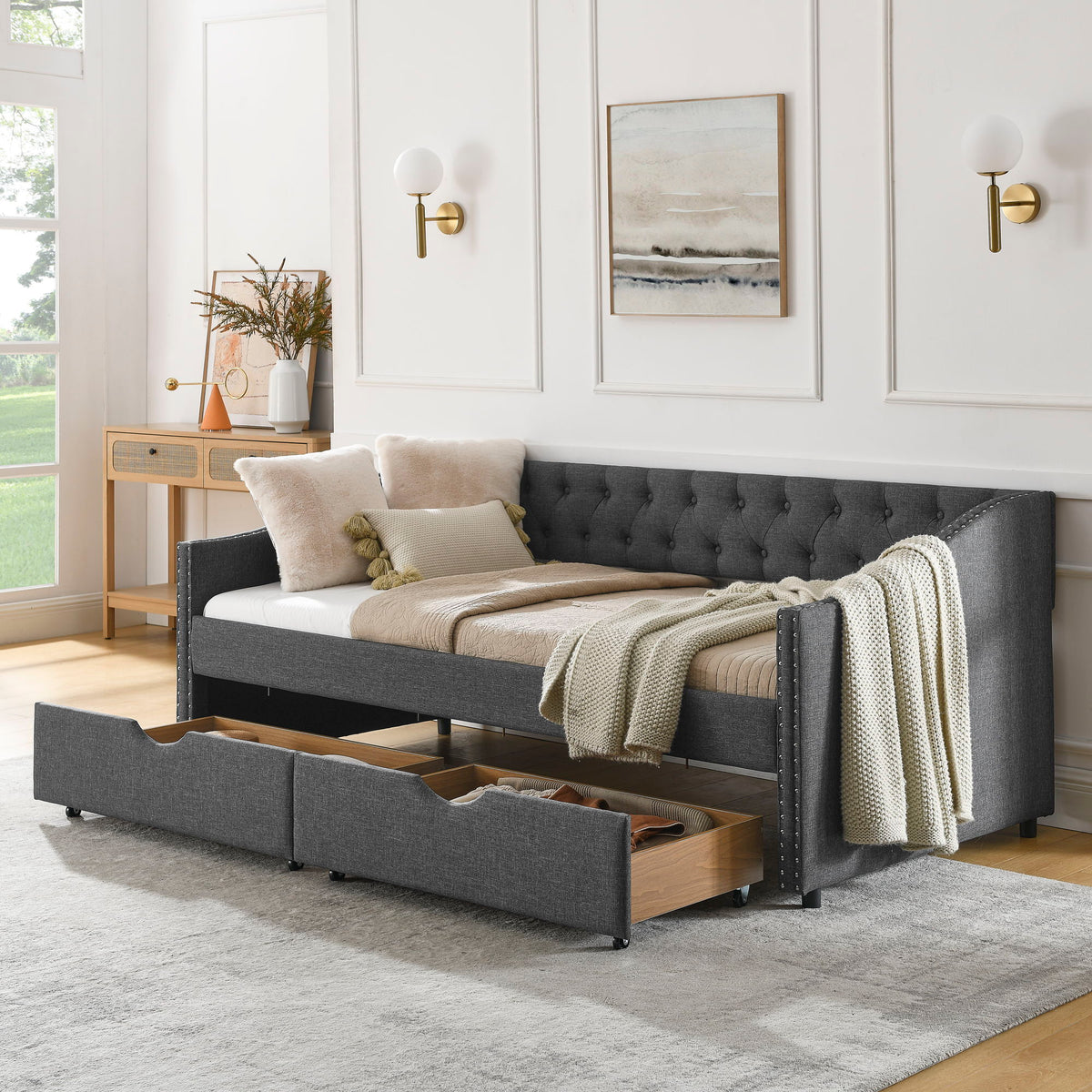 Upholstered Tufted Daybed With 2 Drawers, Waved Arms