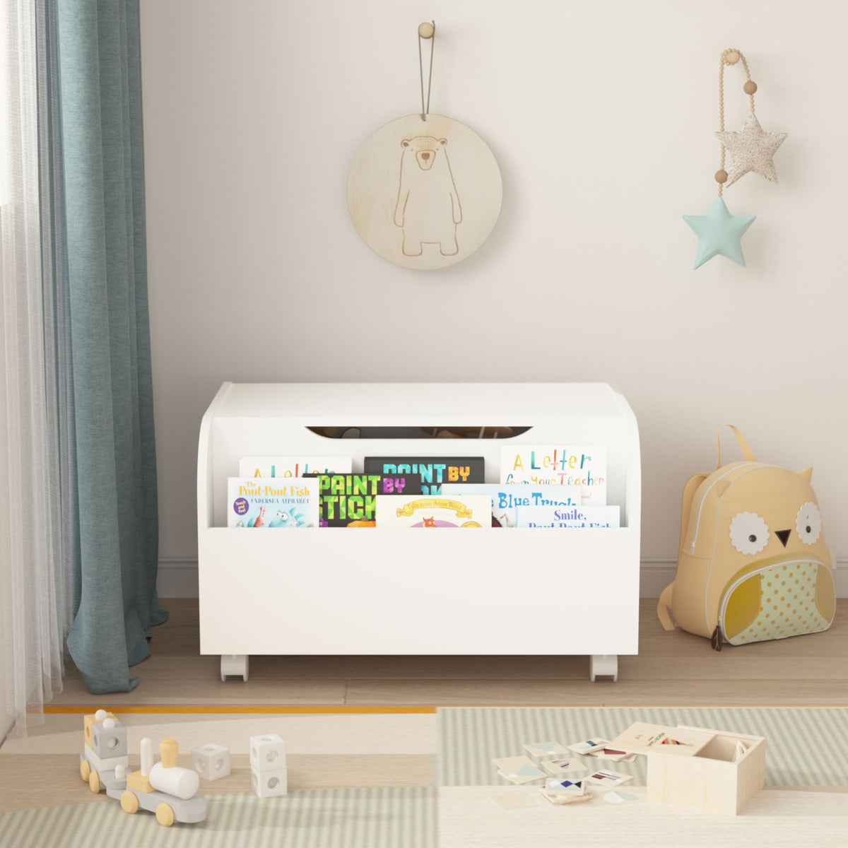 Toy Box With 4 Universal Wheels, Kids Playroom Storage Organizer With Front Bookshelf, Flip Top Lid, Safety Hinge - White