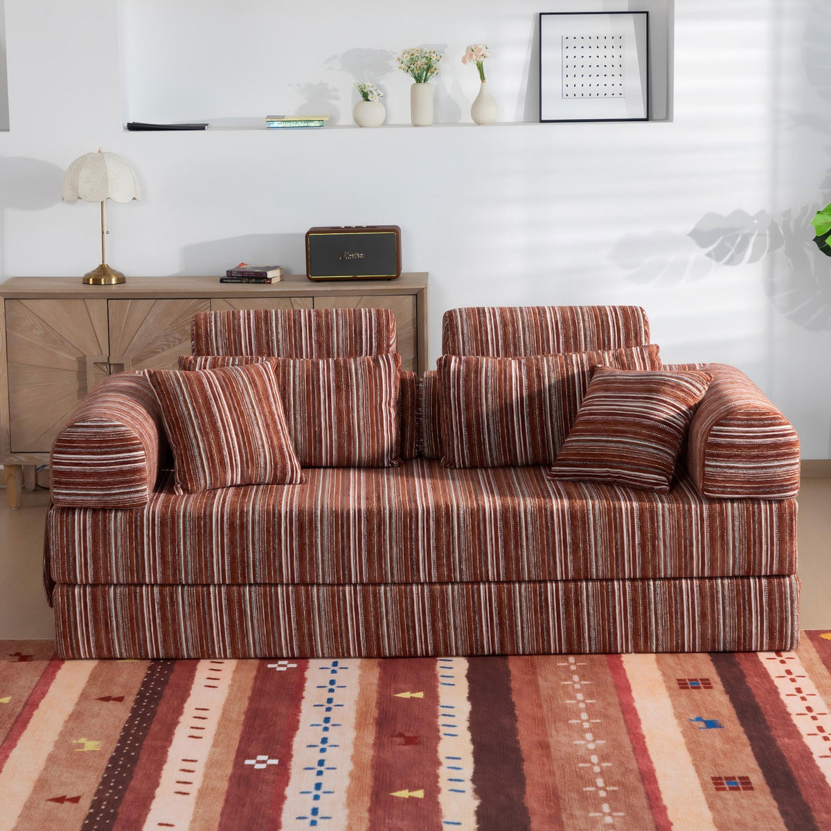 Convertible Sleeper Sofa Bed With High Density Compressed Sponge For Living Room - Red Striped