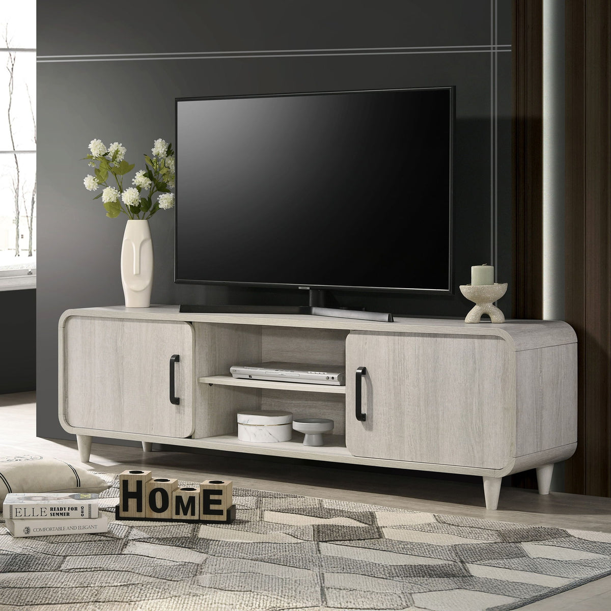 TV Stand With Sliding Doors And Handles, Living Room Furniture - Antique White