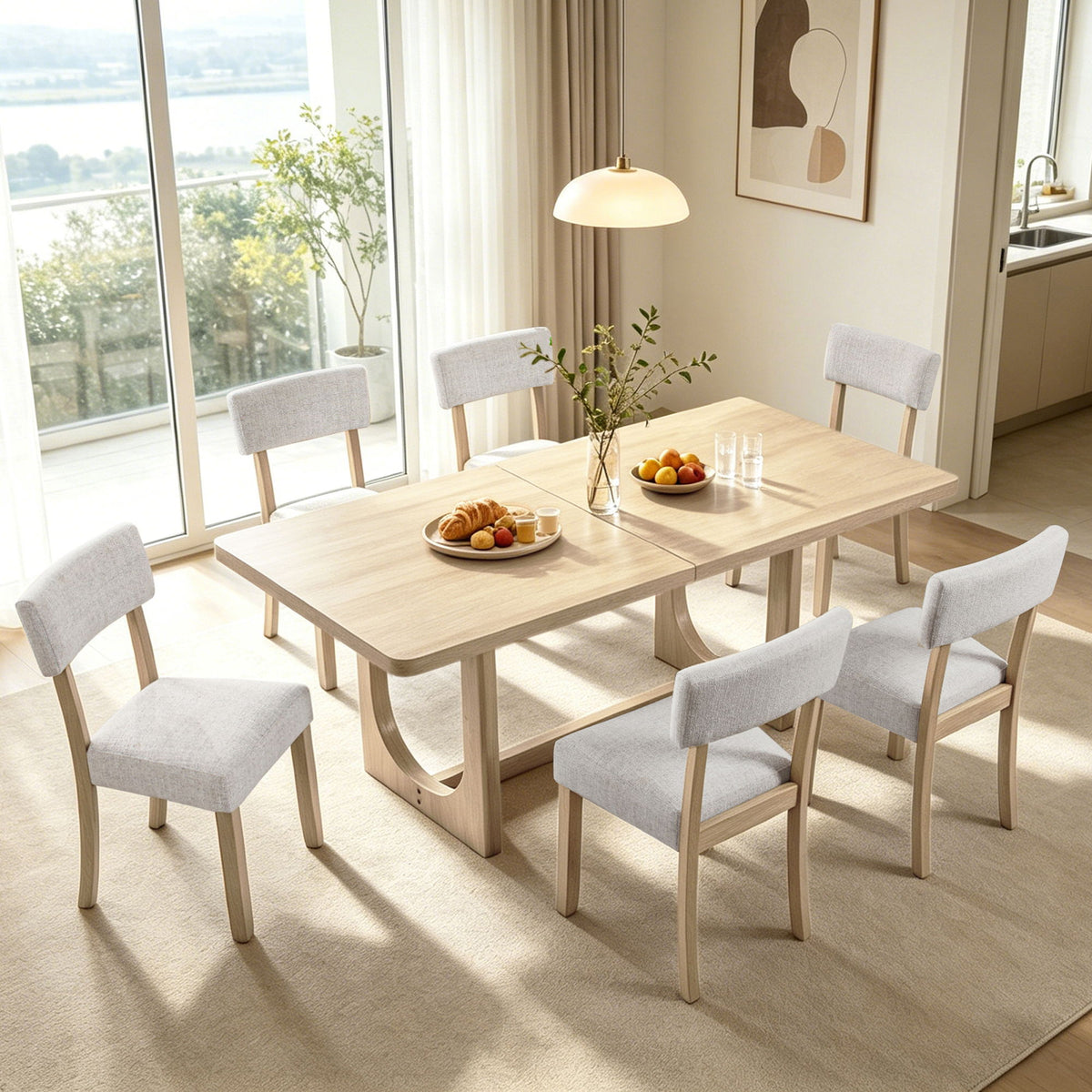 7 Piece Dining Table Set For 6, Rectangular Table & 6 Upholstered Chairs, Sturdy U - Shaped Base For Dining Room - Light Oak