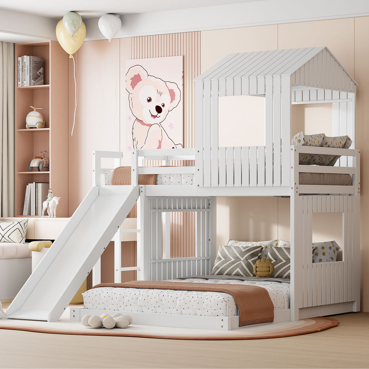 Loft Bunk Bed With Playhouse, Farmhouse, Ladder, Slide And Guardrails