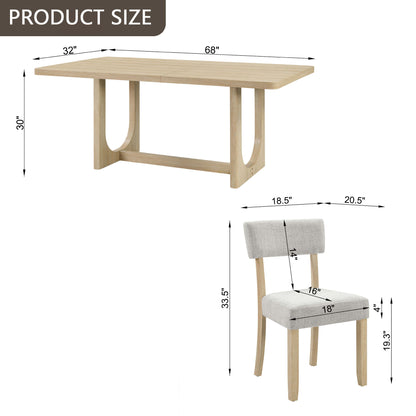 7 Piece Dining Table Set For 6, Rectangular Table & 6 Upholstered Chairs, Sturdy U - Shaped Base For Dining Room - Light Oak