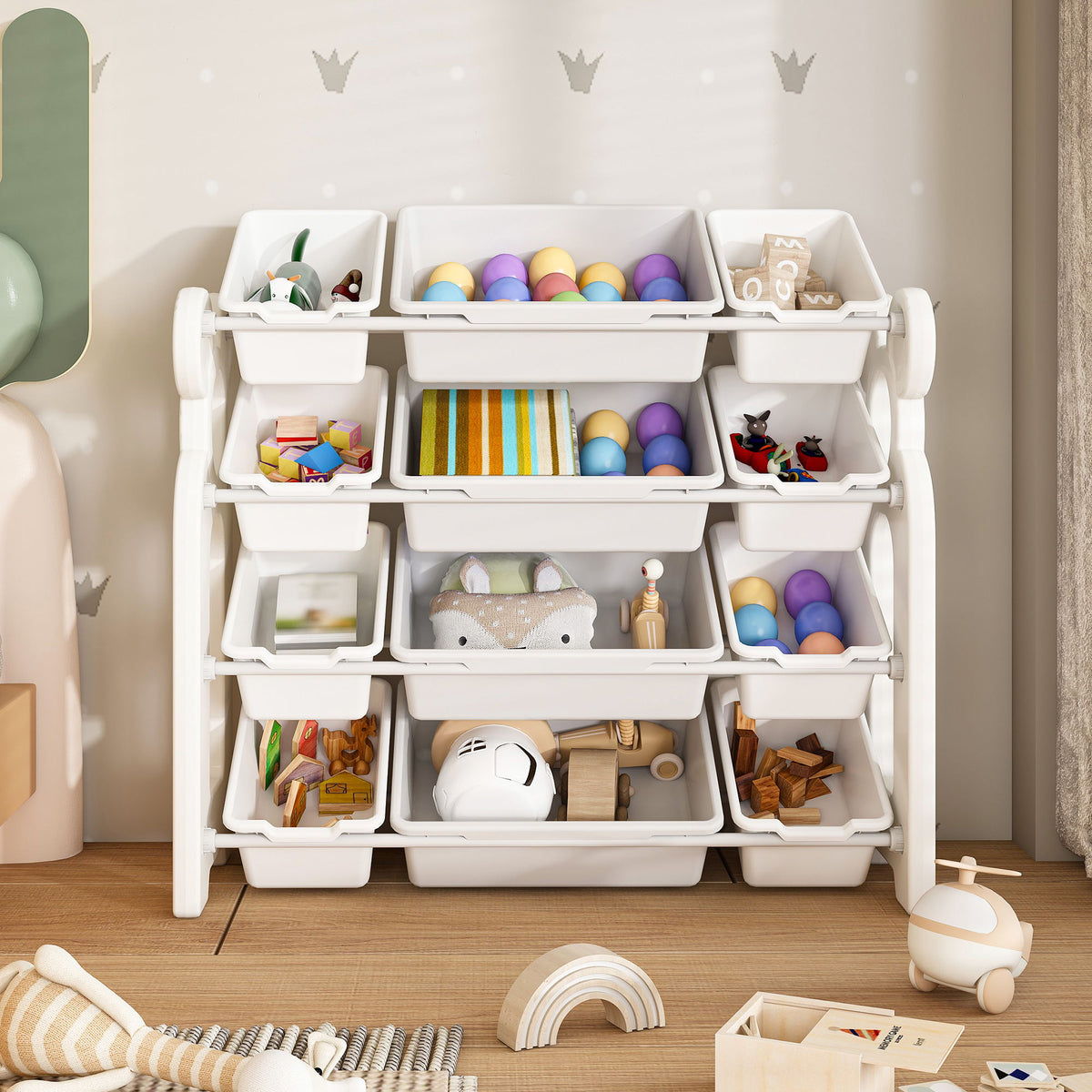 Multi Functional Kids Toy Storage Organizer Cabinet With Hdpe Shelf And 12 Bins - Gray / Ivory