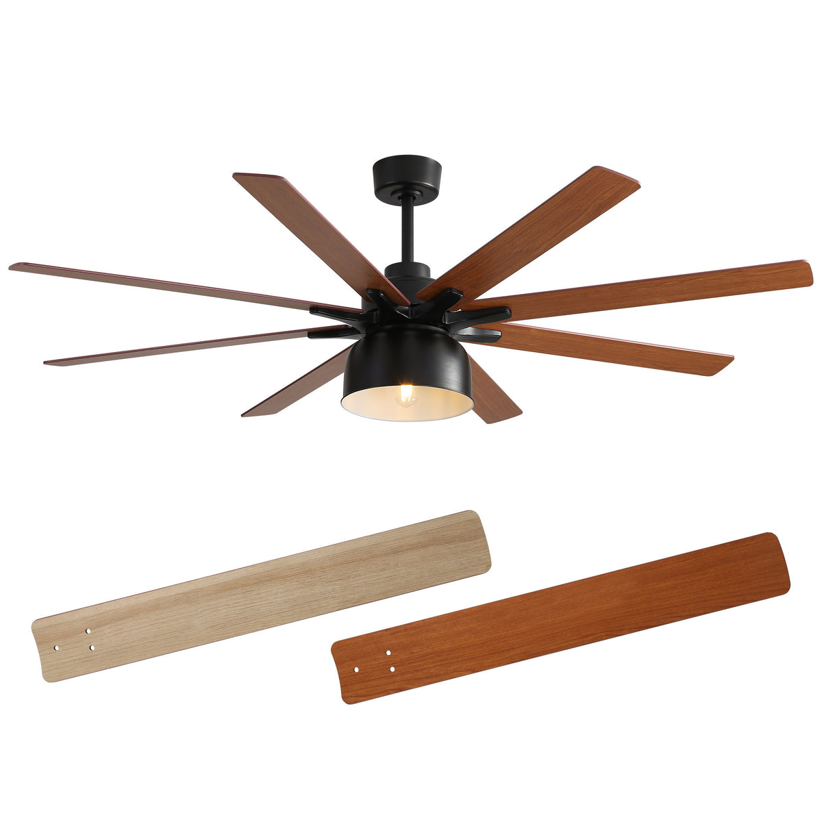 52" Ceiling Fan With 6 Speed Wind 8 Dual Colors Blades Remote Control Reversible DC Motor With Light - Black