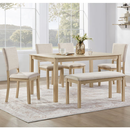 6 Piece Dining Table Set With Bench - Beige / Light Oak