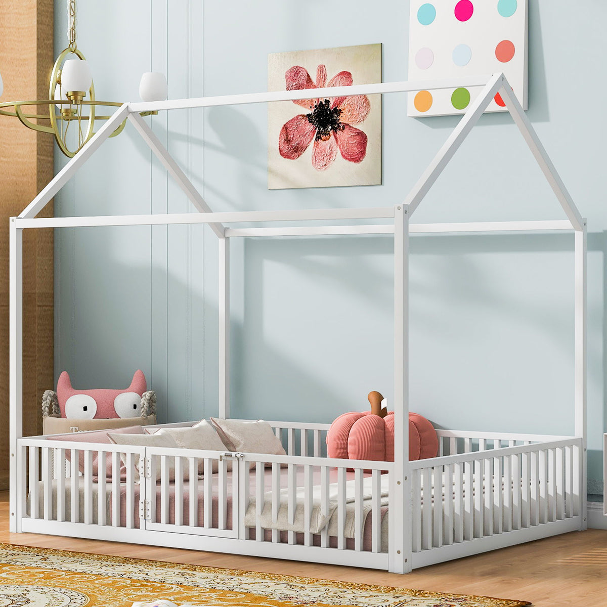Metal House Bed With Fence And Door