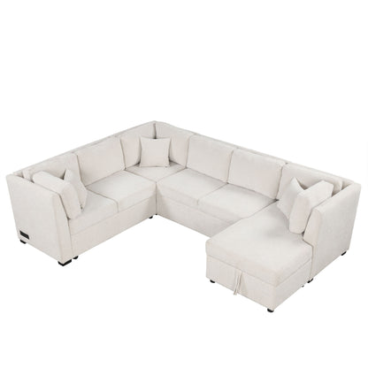 U-Shaped Sectional Sofa Pull Out Sofa Bed With Two USB Ports, Two Power Sockets, Three Back Pillows And A Storage Chaise For Living Room