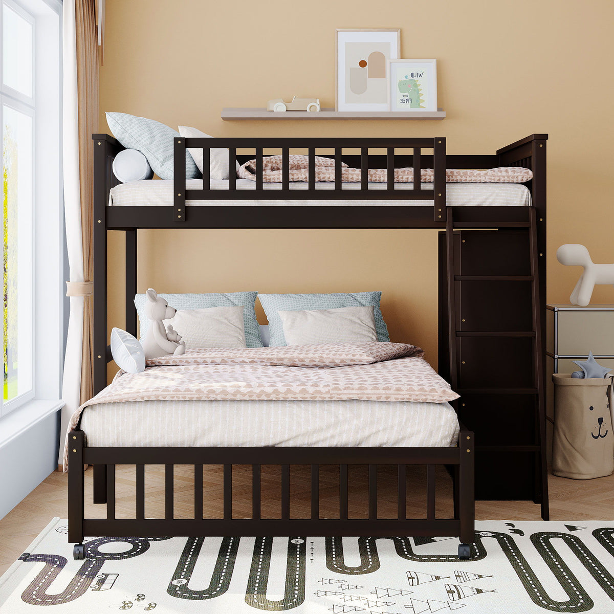 Bunk Bed With 6 Drawers And Flexible Shelves, Bottom Bed With Wheels