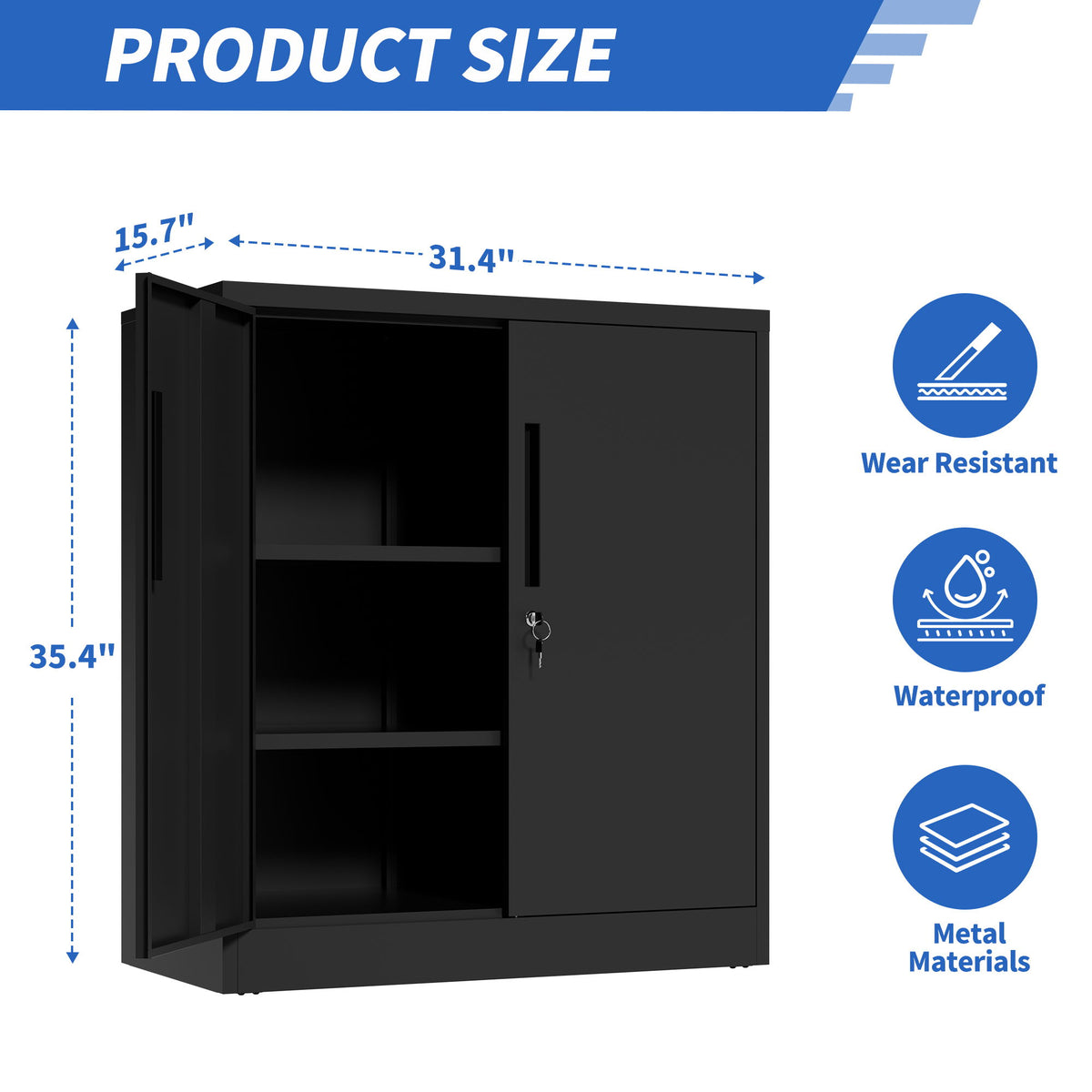Heavy Duty Storage Cabinet With Lock, 2 Door File Cabinet With 2 Adjustable Shelves - Black