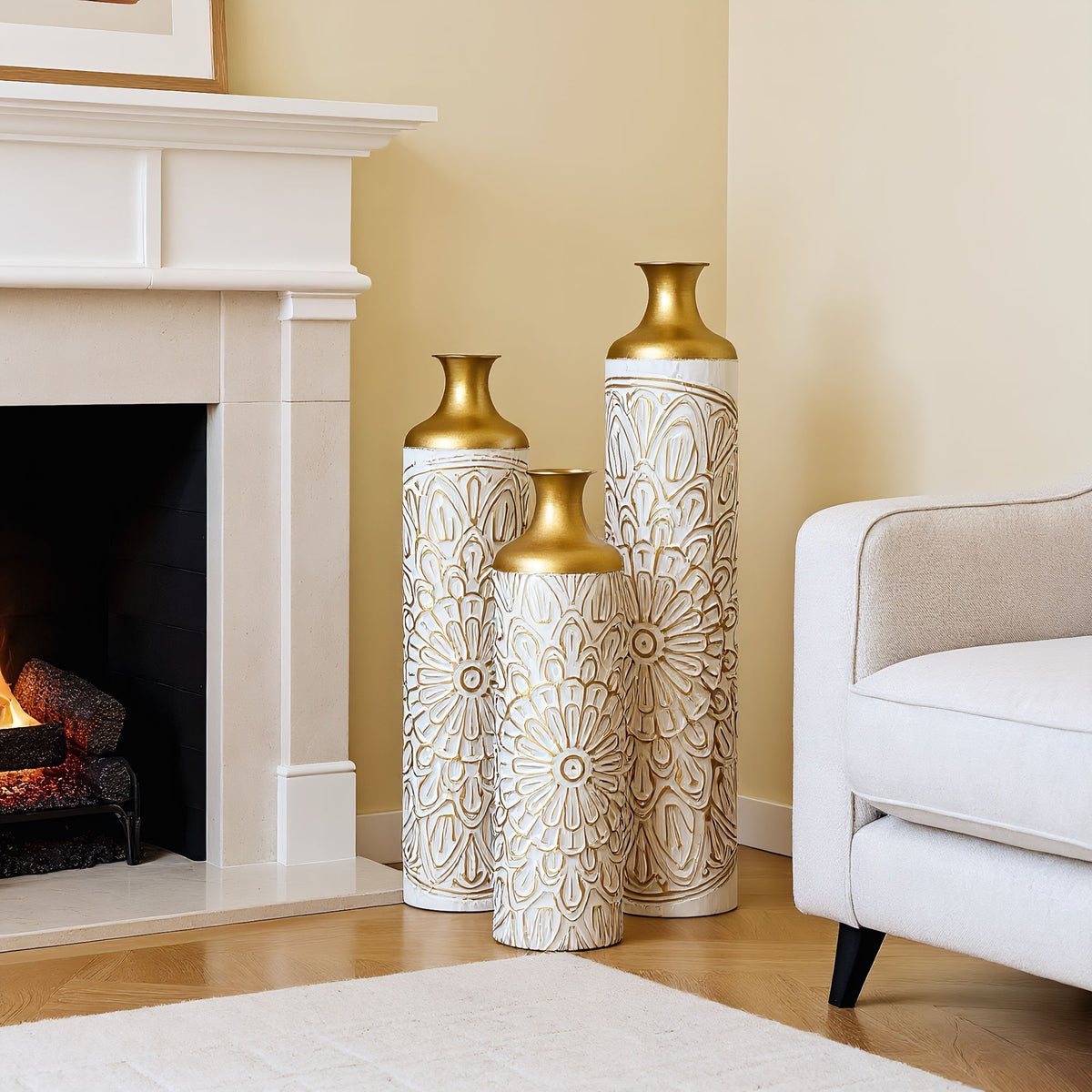 3 Piece Home Decoration Large Glazed Floor Vase Decoration Home Droplet Shaped - Gold / White