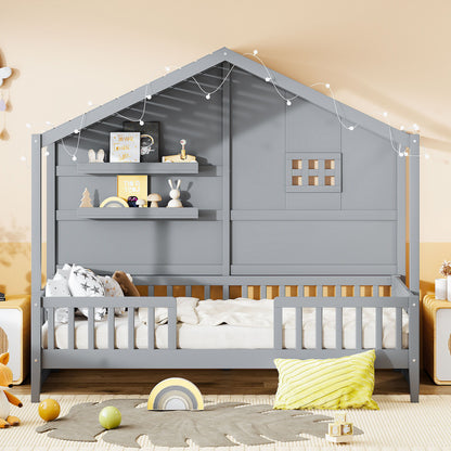 House Bed With Shelves, Window And Sparkling Light Strip On The Roof