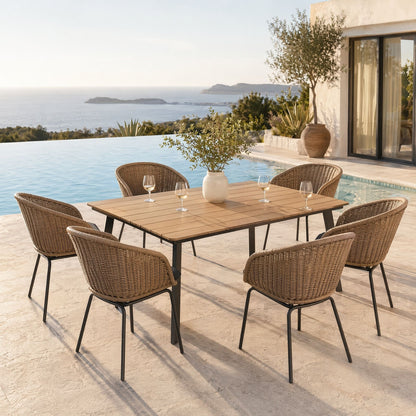 7 Piece Outdoor Patio Dining Set For 6, Conversation Set With Table & 6 Armchairs - Brown