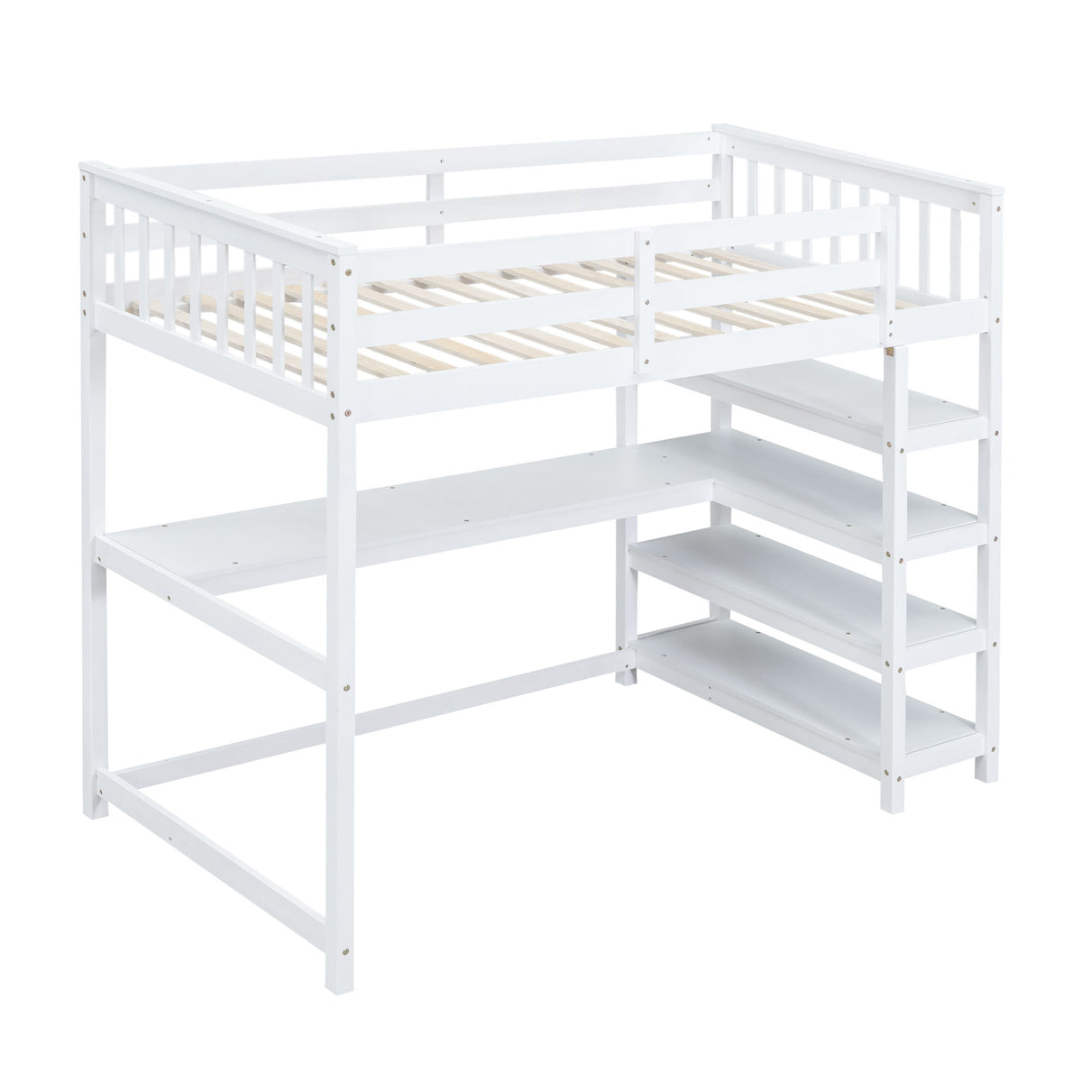 Loft Bed With Storage Shelves And Under Bed Desk