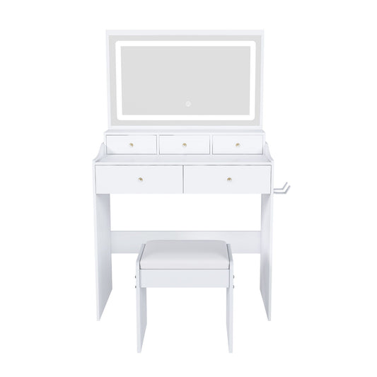 Modern Makeup Vanity Set With Power Outlet, Hair Dryer Holder, And Adjustable Lighting