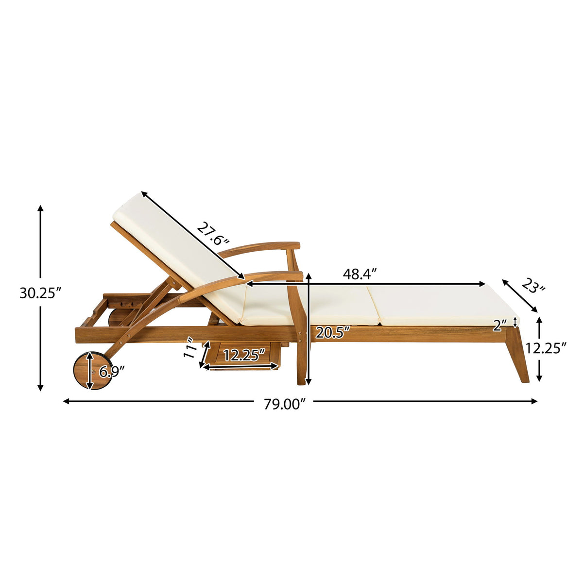 Versatile Chaise Lounge With Wheels Acacia Wood Recliner For Patio - Cream