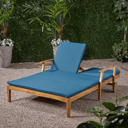 Etherealize - Outdoor Adjustable Double Chaise Lounge With Water Resistant Cushions - Teak / Blue