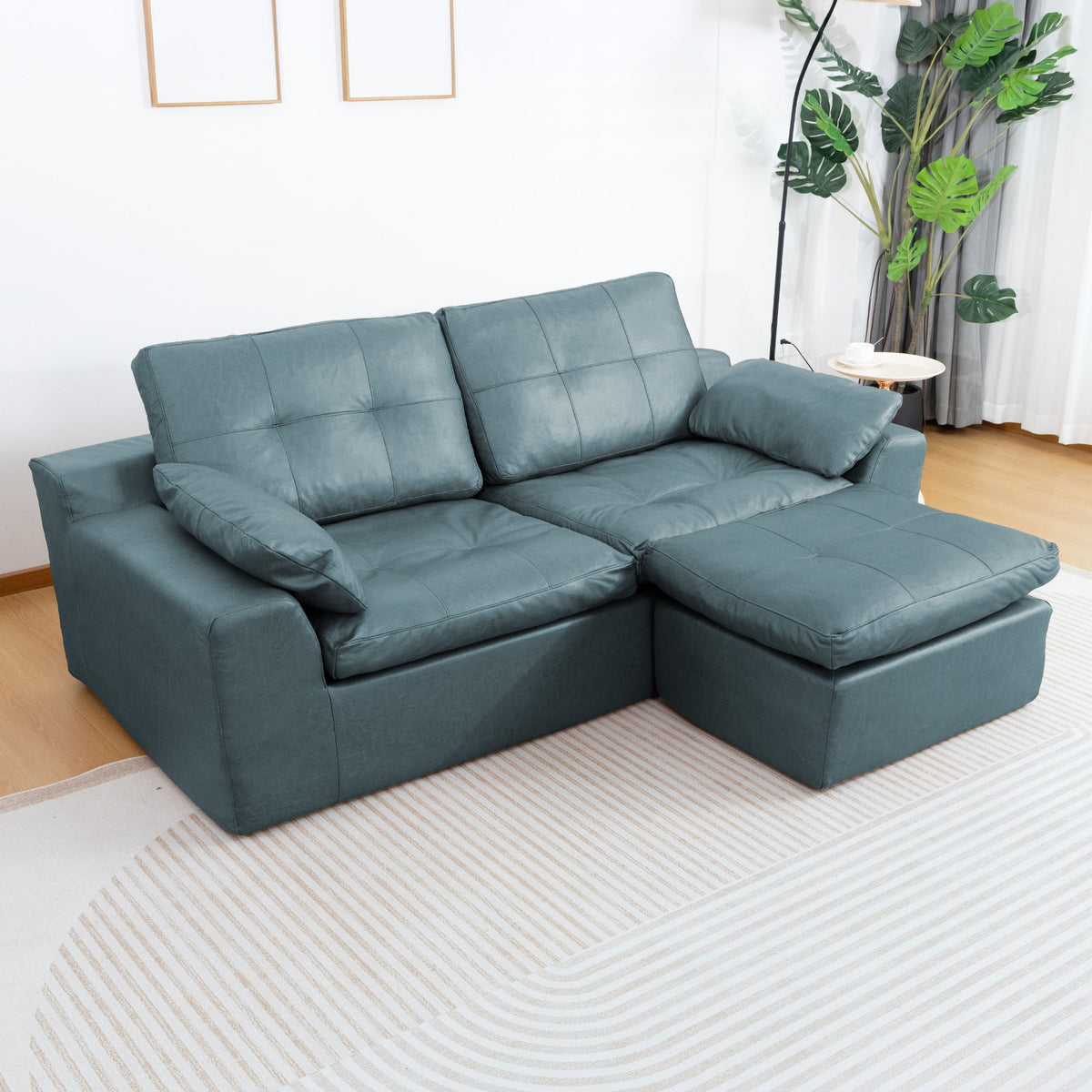 L - Shaped Modular 2 Seater Sofa With Movable Ottoman And High Density Sponge Cushions For Living Room