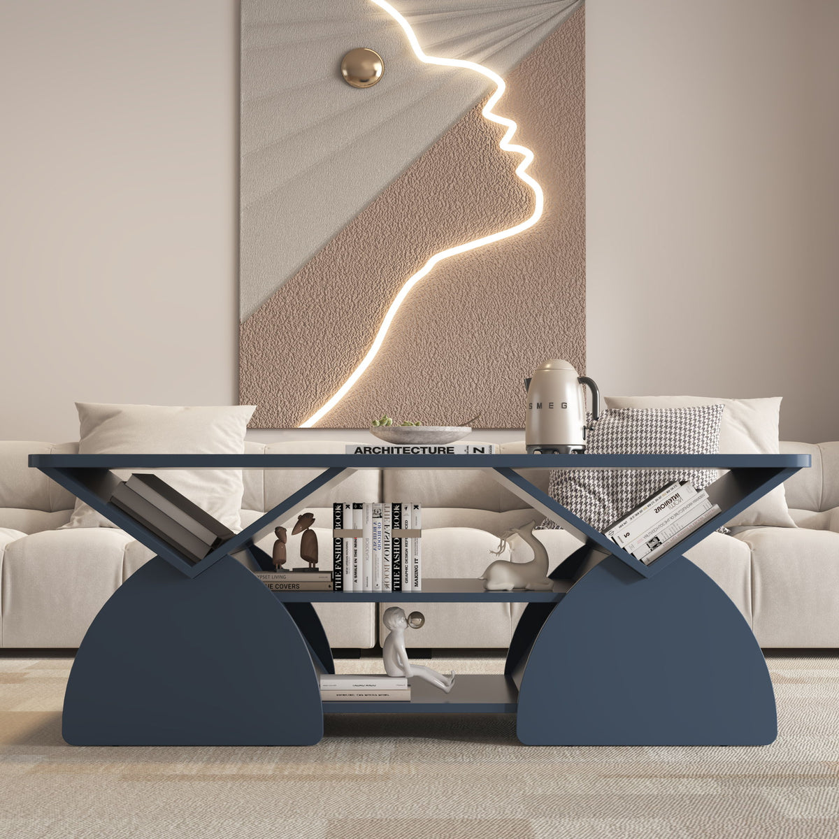 Geometric Engineered Coffee Table With Rounded Corners With Open Shelves