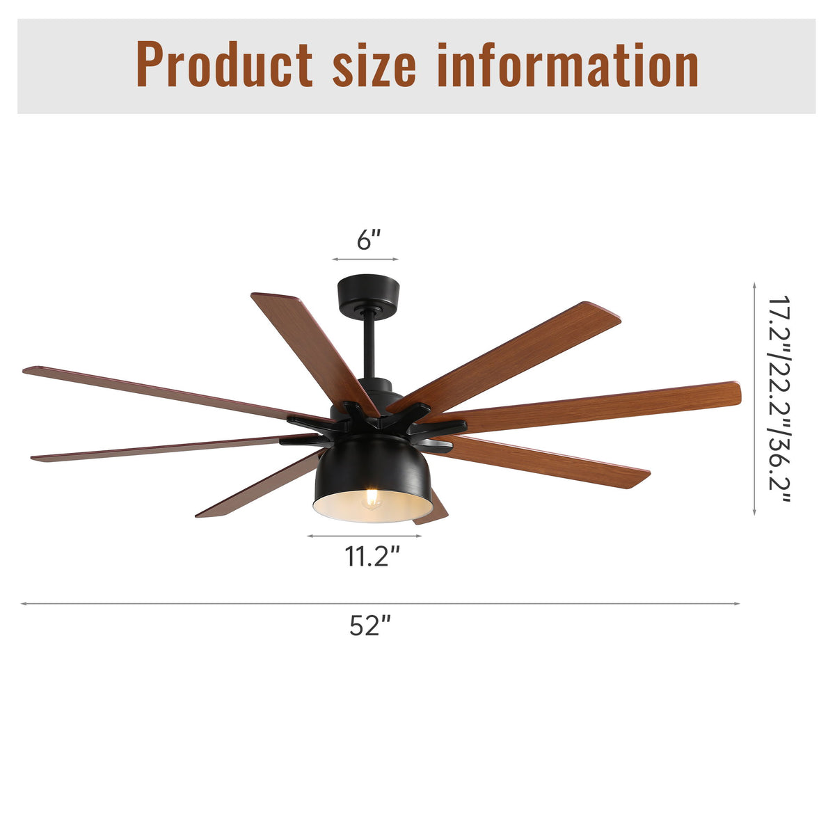 52" Ceiling Fan With 6 Speed Wind 8 Dual Colors Blades Remote Control Reversible DC Motor With Light - Black