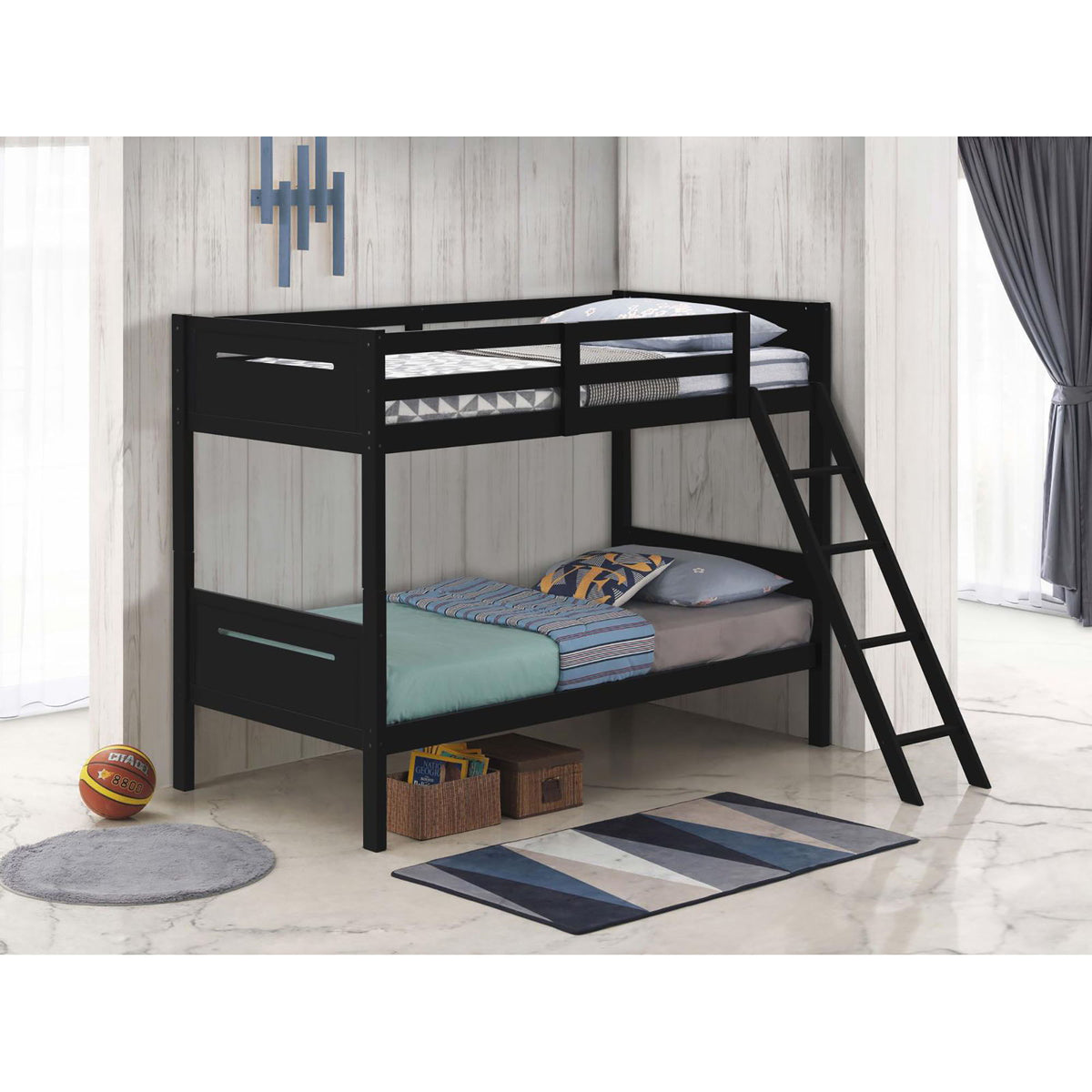 Bunk Bed With Built In Ladder, Safety Guardrails And Angled Access Step